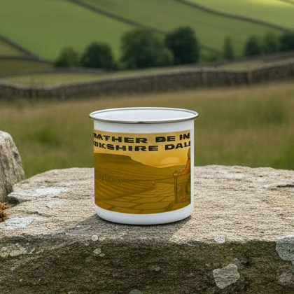 White enamel mug with yellow Yorkshire Dales landscape and "I'd Rather Be in Yorkshire Dales" text.