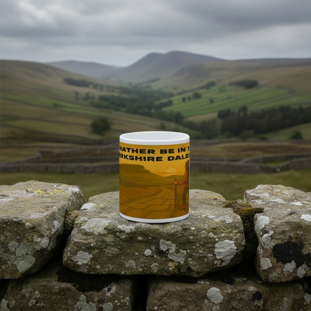 White ceramic mug with orange and yellow hiking-themed design and text reading "I'd Rather Be in the Yorkshire Dales".