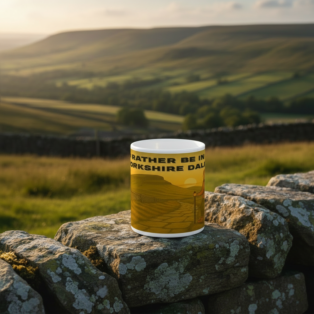 White ceramic 11oz mug with yellow and black "I'd Rather Be in the Yorkshire Dales" text design on a stone wall.
