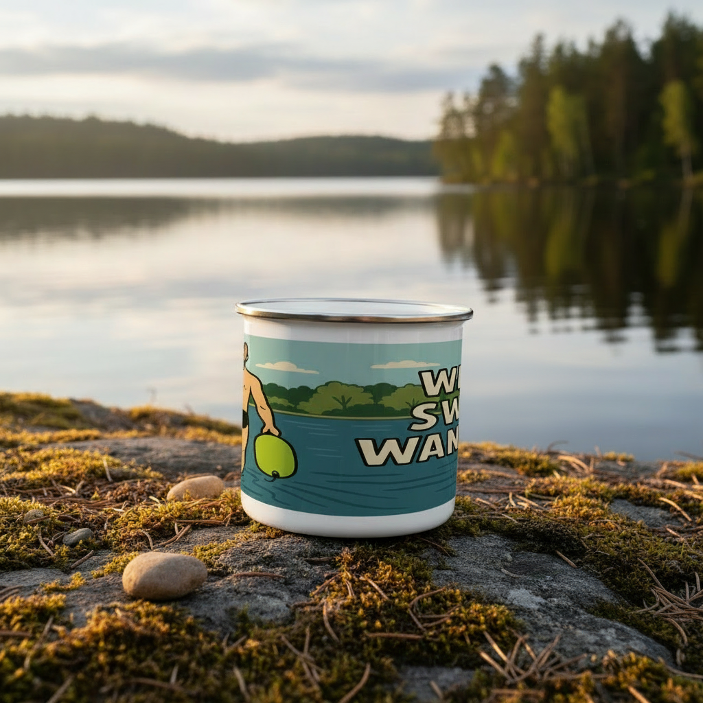 Wild Swim Wanker Enamel Mug for Him – Funny Outdoor Swimming Gift