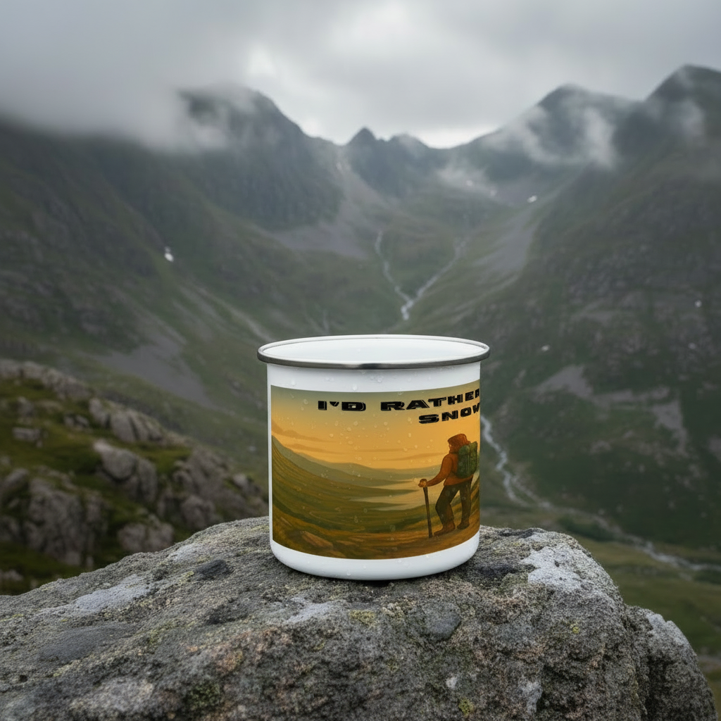 White enamel camping mug with sunset mountain hiking print and "I'd rather be in Snowdonia" text.