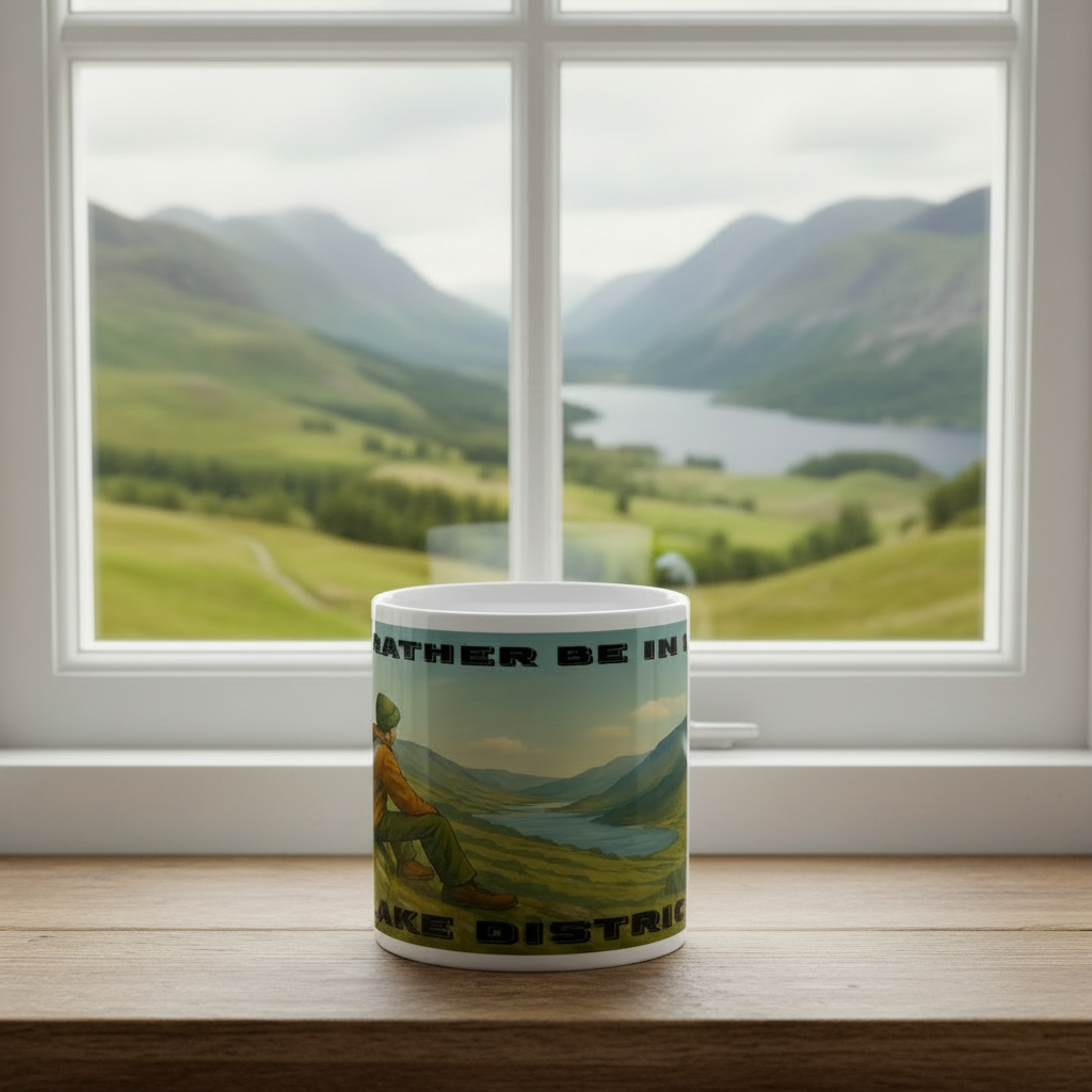 White ceramic mug with a colorful Lake District landscape and text wraparound design.