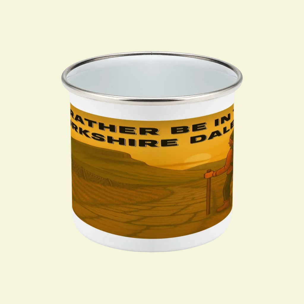 White enamel mug with silver rim featuring Yorkshire Dales landscape and "Rather Be In Yorkshire Dales" text in black.