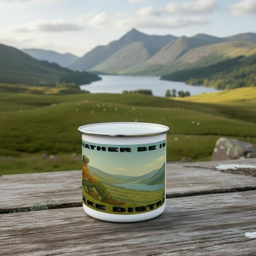 White enamel camping mug with scenic Lake District illustration and blue text on wooden surface.