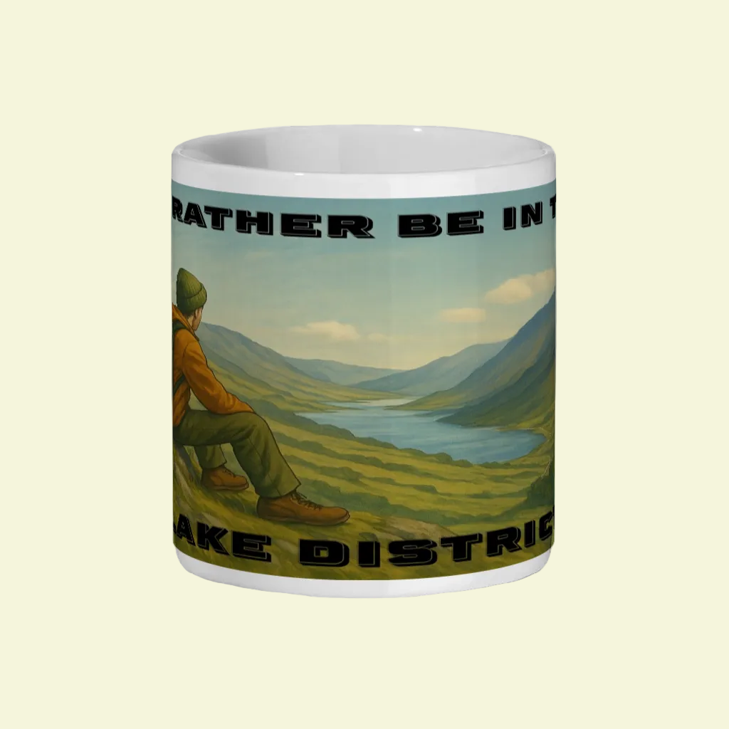 White ceramic mug featuring a man sitting on a hill overlooking a scenic Lake District valley with bold black text around.