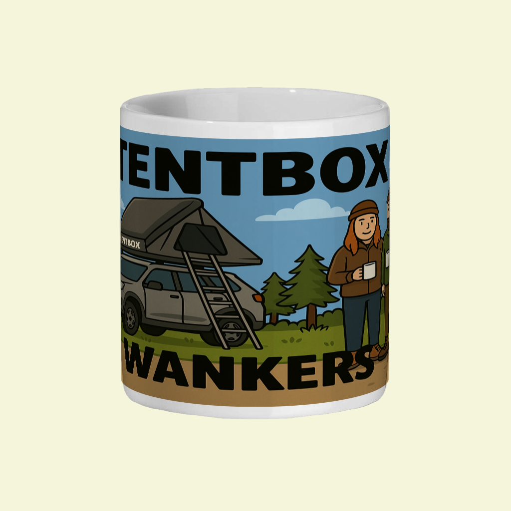 Mug with a graphic design of a car with a tent on top and text 'TENTBOX WANKERS' on a white background.