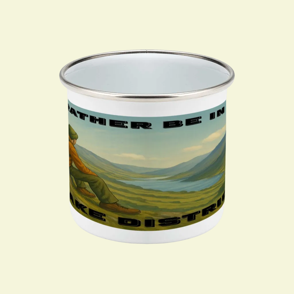 White enamel 12oz camping mug with Lake District landscape and black text design.