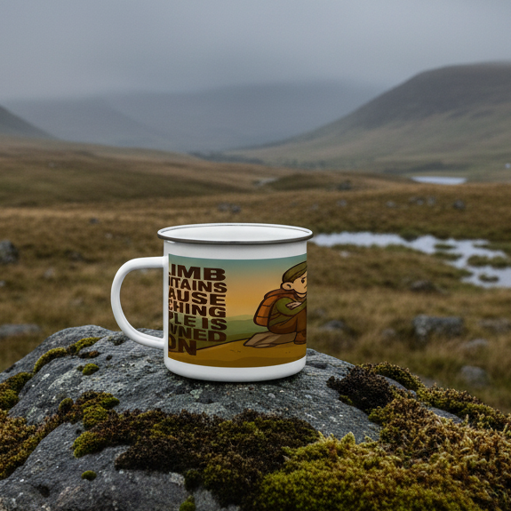 Enamel Mug 12oz – I Climb Mountains Because Punching People Is Frowned Upon for Her | Funny Hiking Gift