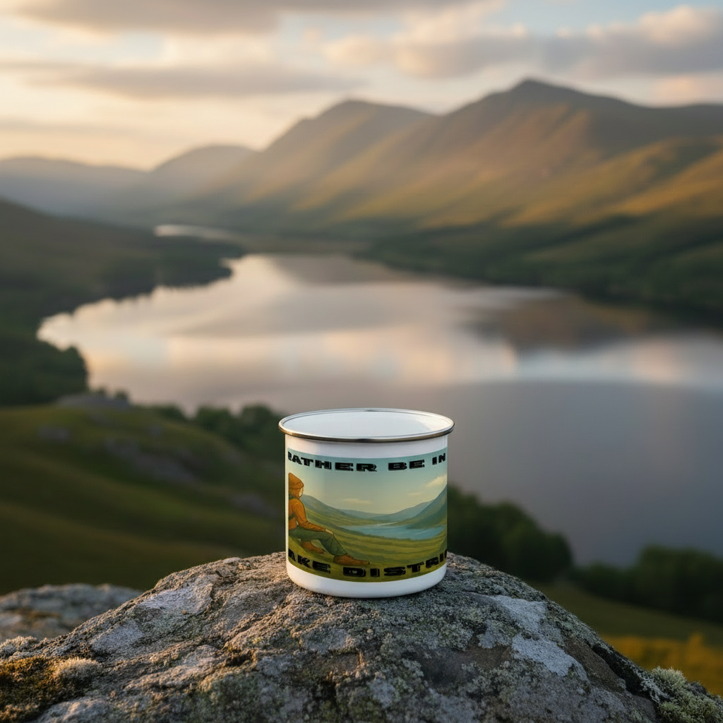 White enamel mug with Lake District landscape and "I'd Rather Be in the Lake District" text on rocky surface.