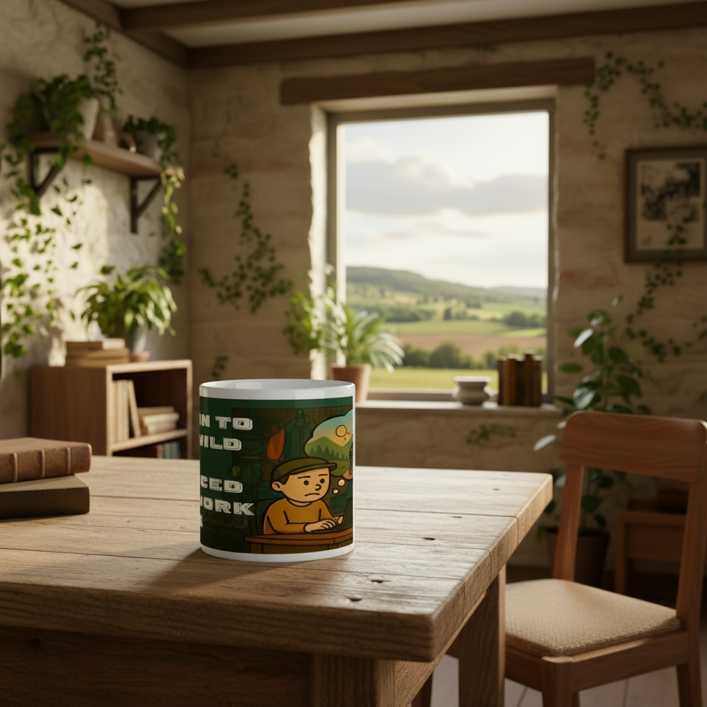 Mug with a design on a wooden table in a room with plants and a window view.