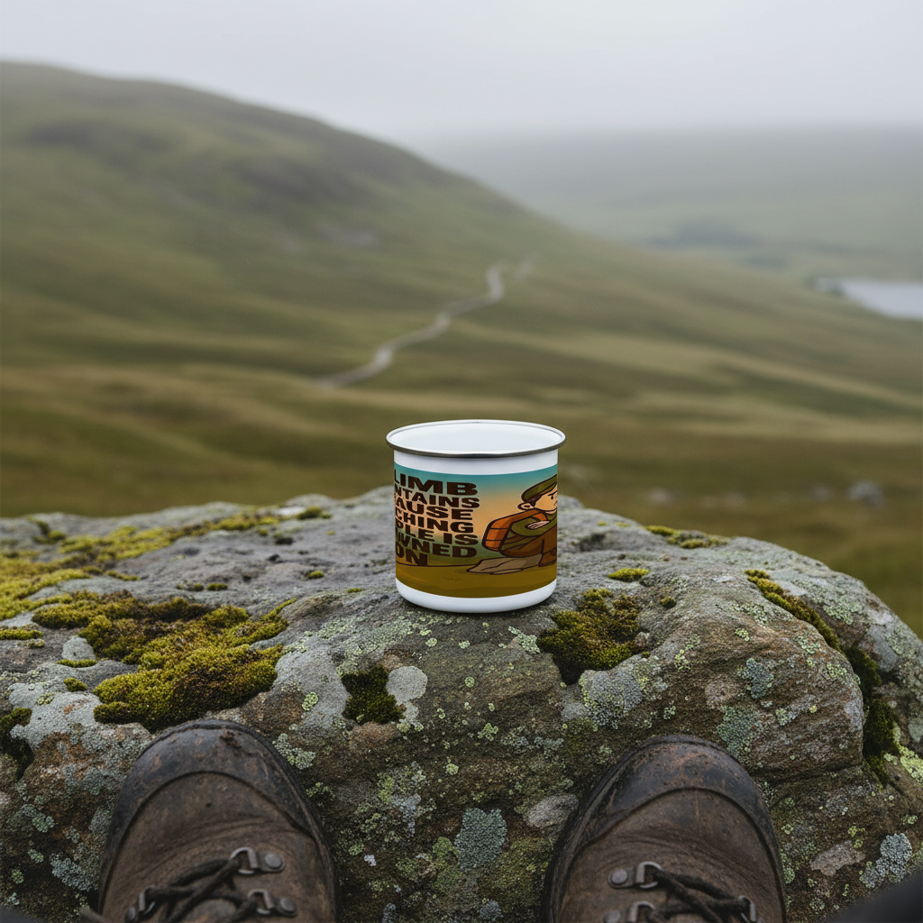 Enamel Mug 12oz – I Climb Mountains Because Punching People Is Frowned Upon for Him | Funny Hiking Gift