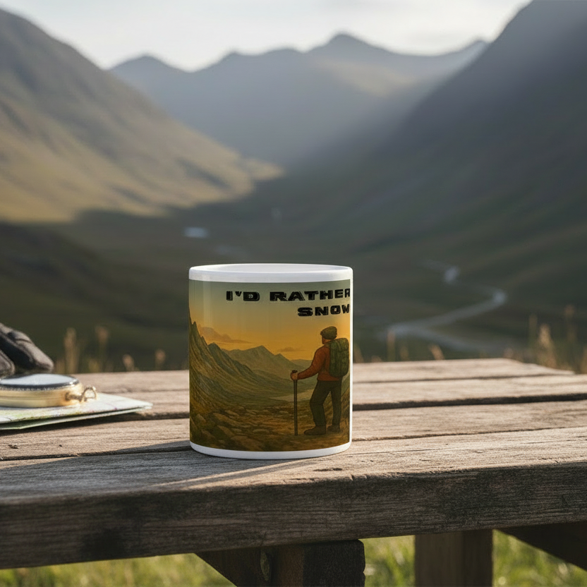 White 11oz ceramic mug with hiking illustration and "I'd Rather Be in Snowdonia" text.