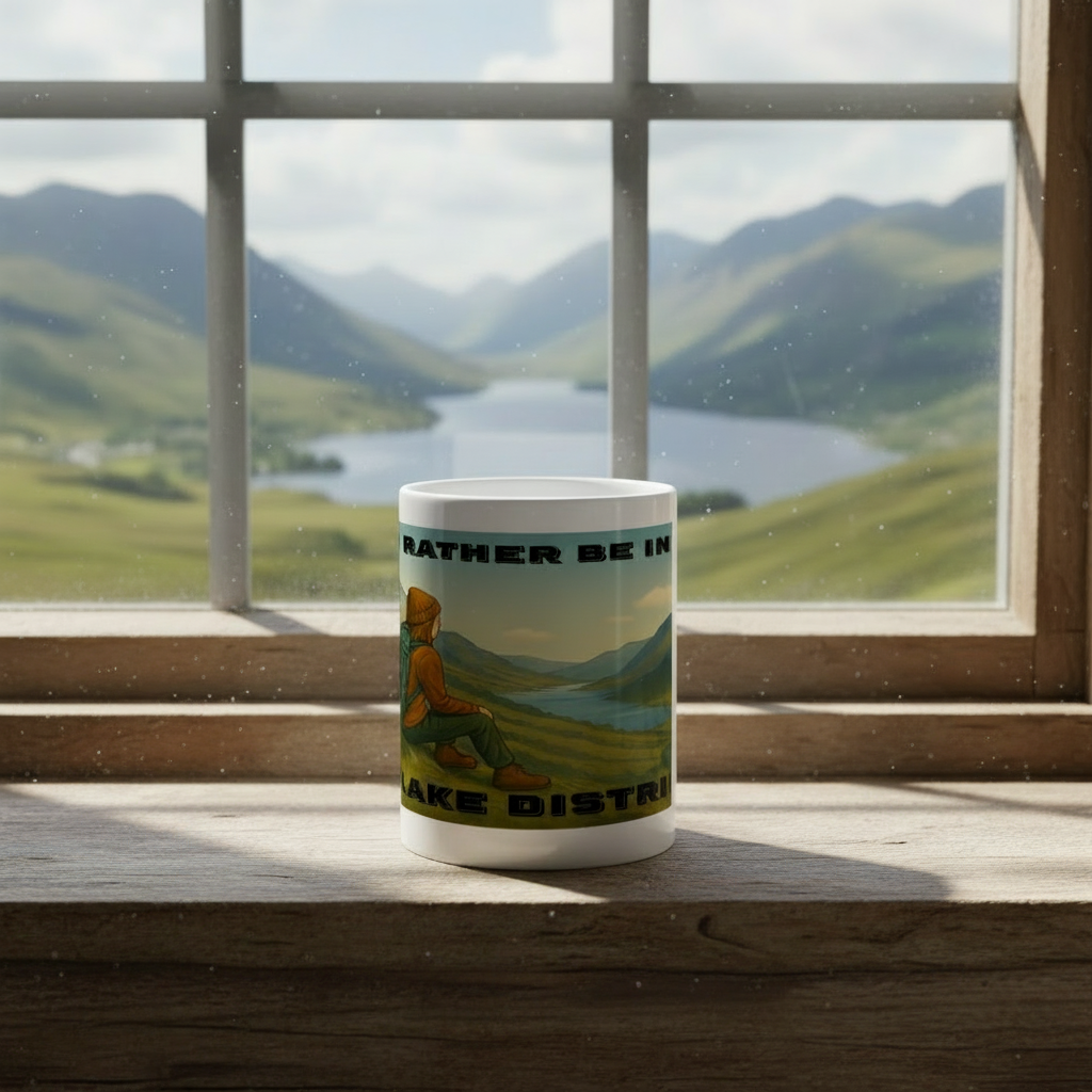 White ceramic mug with Lake District hiking design and text, placed on wooden windowsill against mountain and lake view.