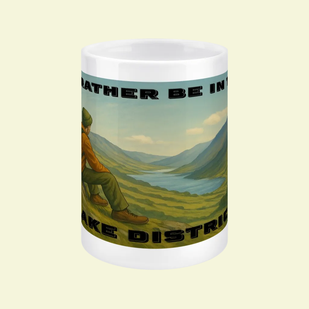 White ceramic mug with scenic Lake District valley and hiker illustration, black text wraparound.