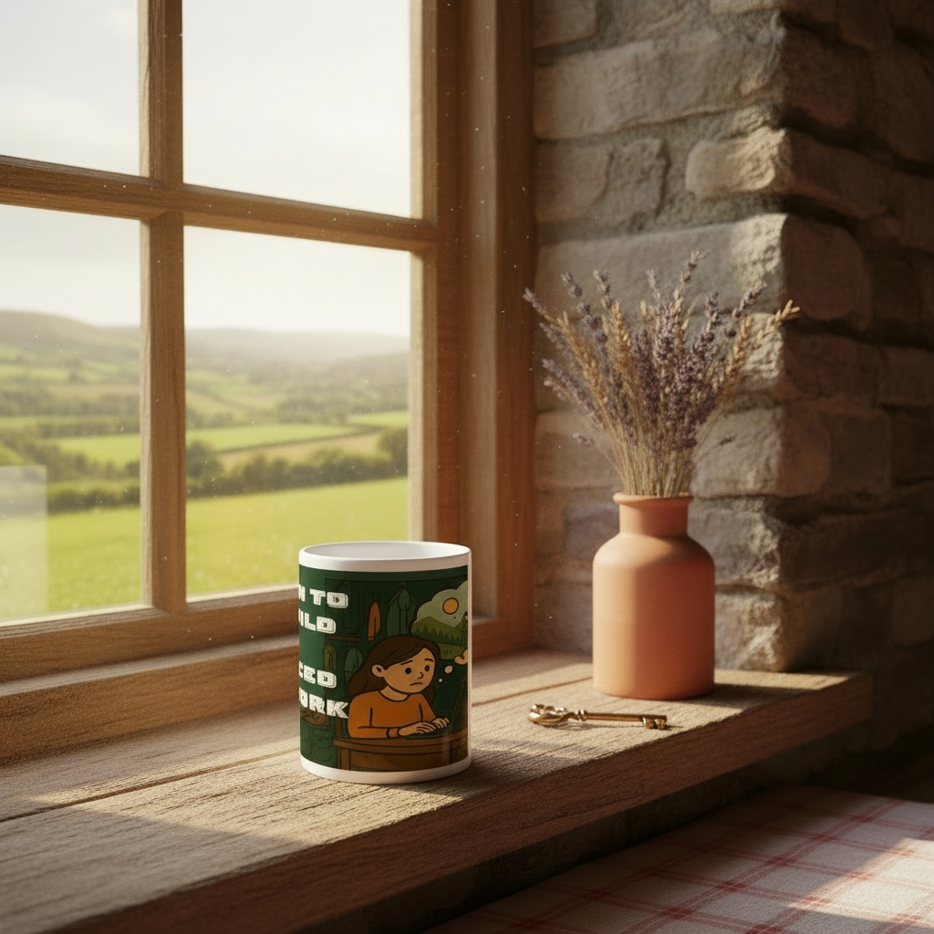 Mug with a design on a windowsill with a view of green fields.