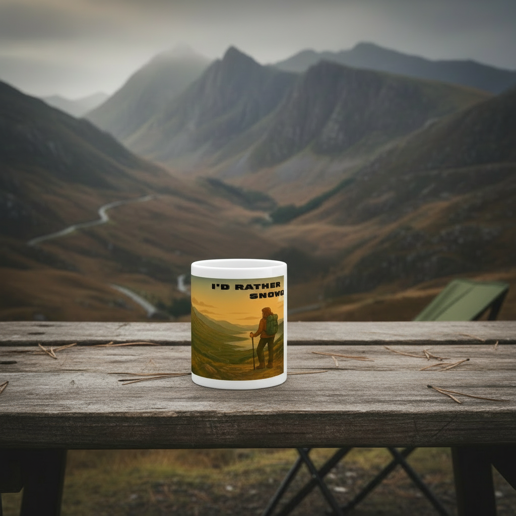 White ceramic mug with "I'd Rather Be in Snowdonia" hiking design in green and yellow tones.