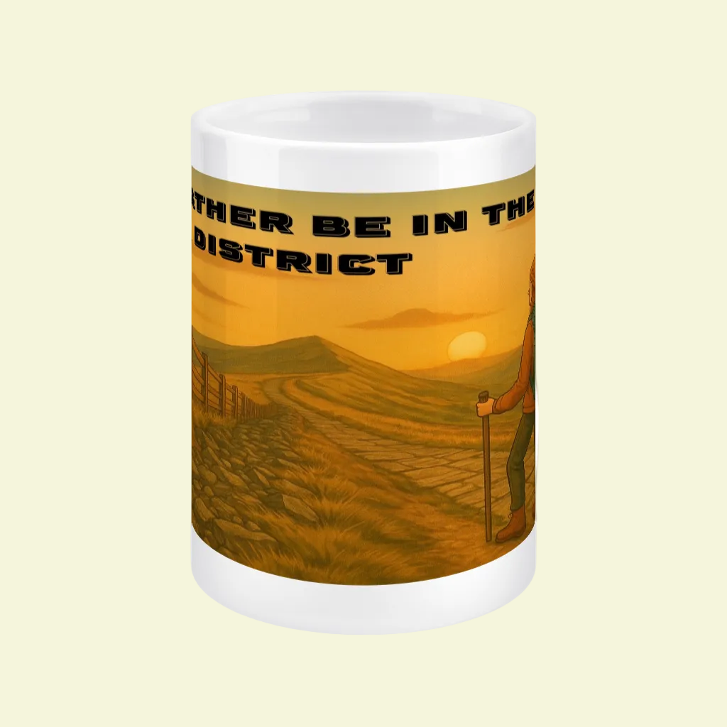 White ceramic mug with golden sunset and hiking trail graphic, partial black text "Rather Be In The District" visible.