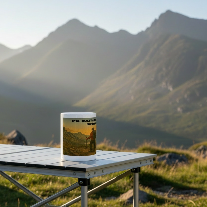 White ceramic mug with hiking scene and "I'd Rather Be in Snowdonia for Him" text on portable table outdoors.