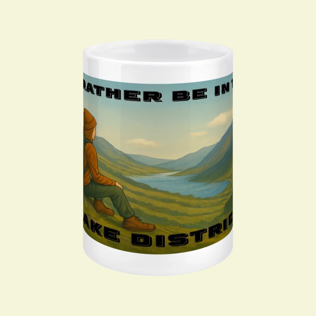 White ceramic mug featuring a scenic Lake District landscape with a hiker and bold black text.