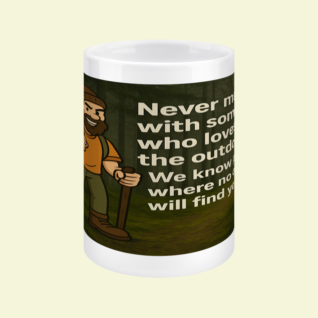 Mug with a cartoon character and text about loving the outdoors on a white background