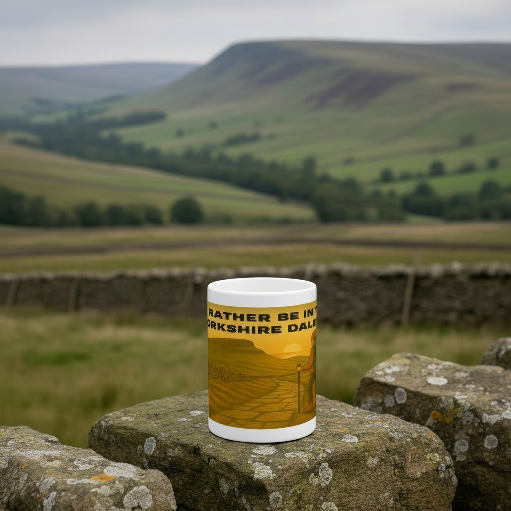 White ceramic mug with yellow design and text reading "I'd Rather Be in the Yorkshire Dales" placed on stone wall outdoors.