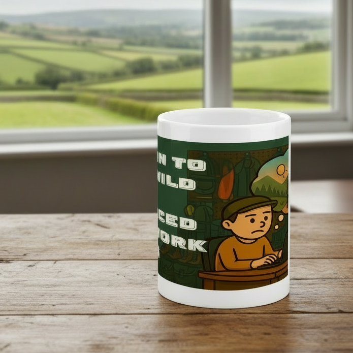 Mug with a graphic design of a person in a forest and text on a wooden table with a window view.