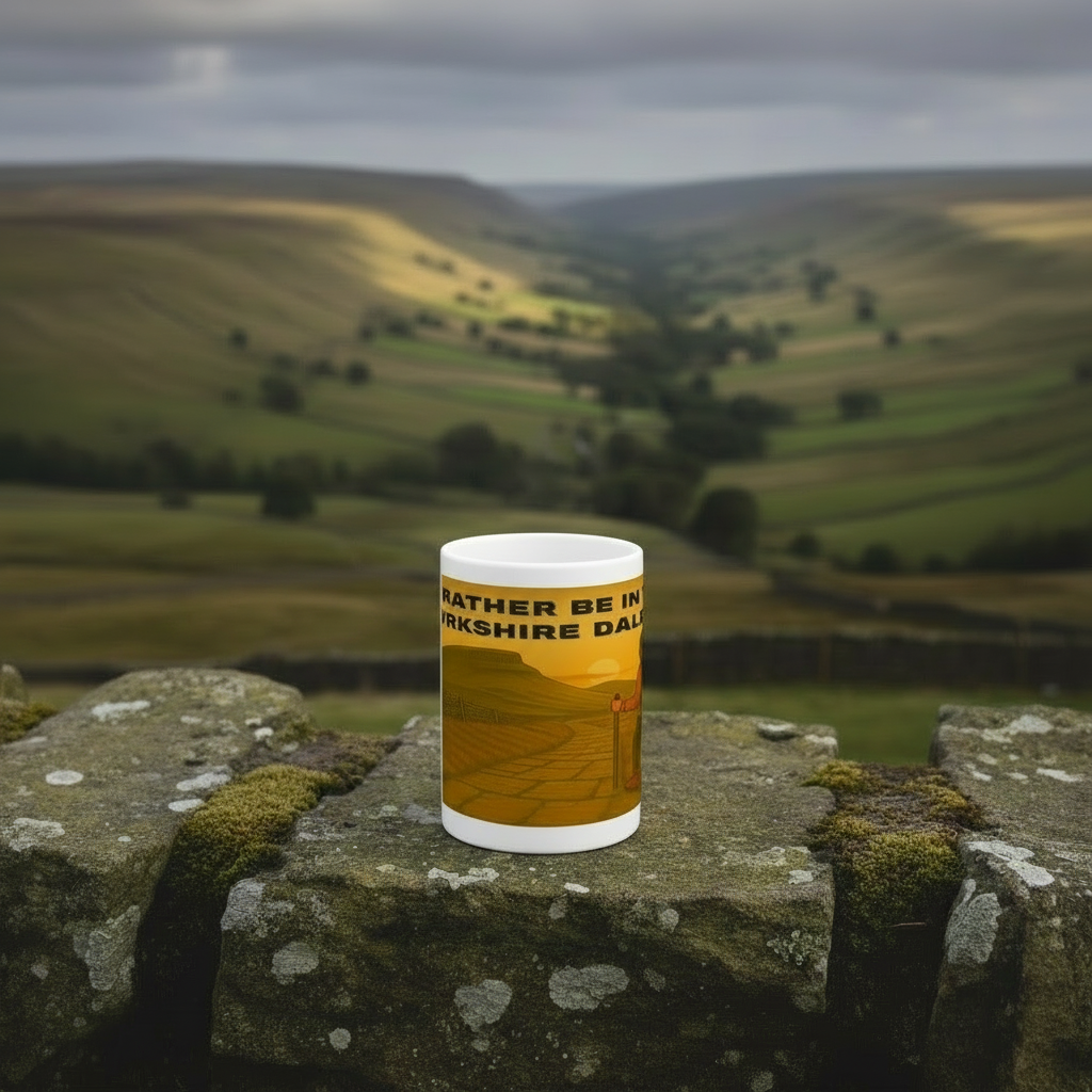 White ceramic mug with yellow and brown Yorkshire Dales hiking design on stone wall outdoors.