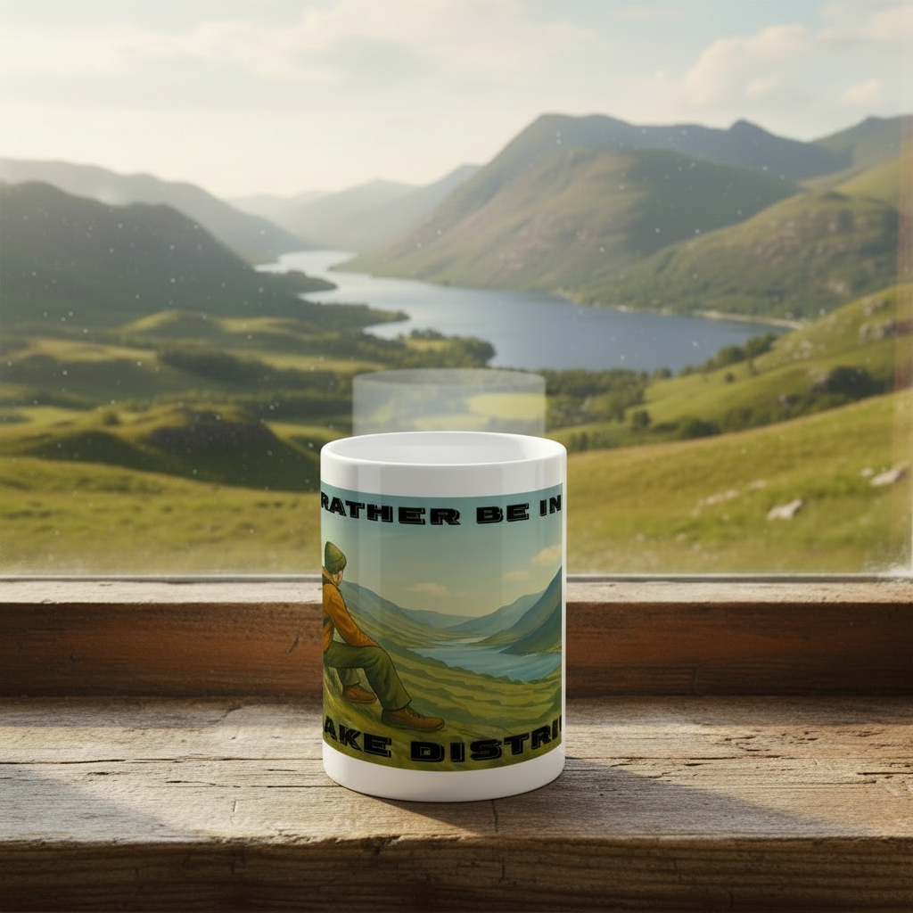 White ceramic 15oz mug with Lake District hiking illustration and text "I'd Rather Be in the Lake District".
