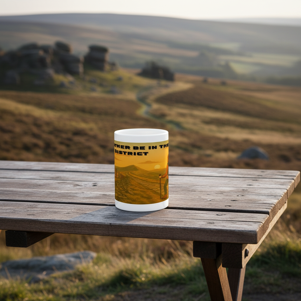 White ceramic mug with yellow hiking-themed wrap reading "I'd Rather Be in the Peak District" on wooden picnic table outdoors.
