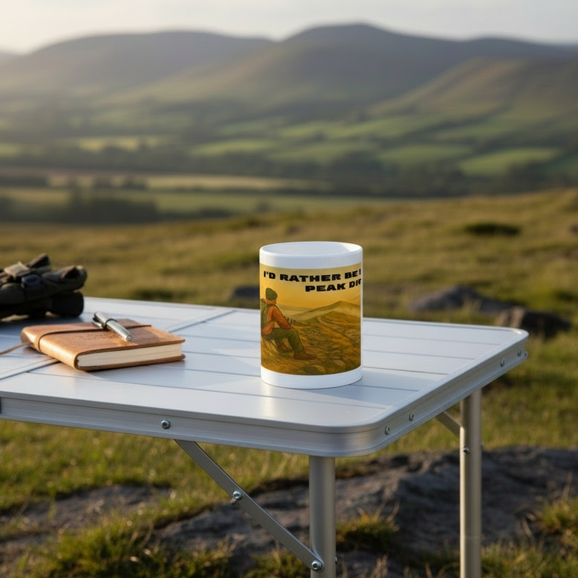 White ceramic mug with "I'd Rather Be in the Peak District" text and hiker illustration on a folding table outdoors.