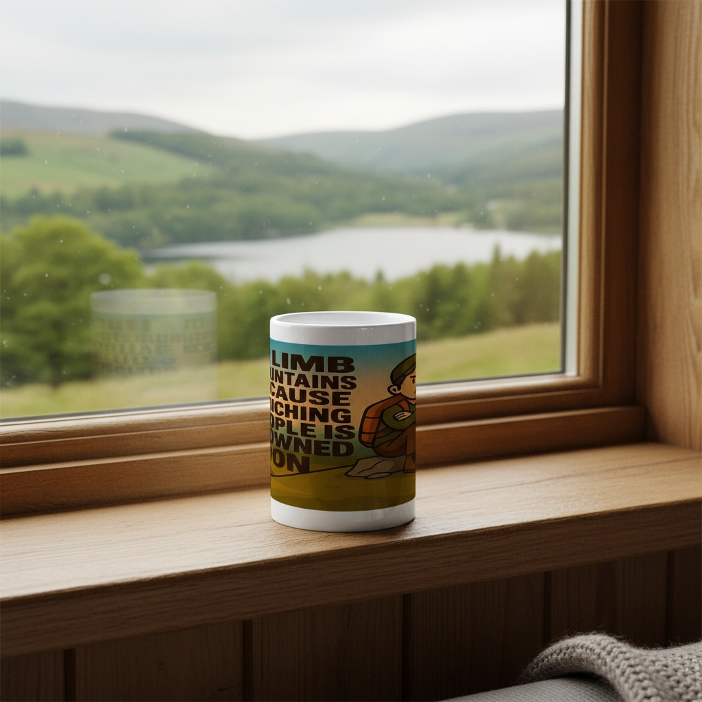 Ceramic Mug 15oz – I Climb Mountains Because Punching People Is Frowned Upon for Him | Funny Hiking Gift