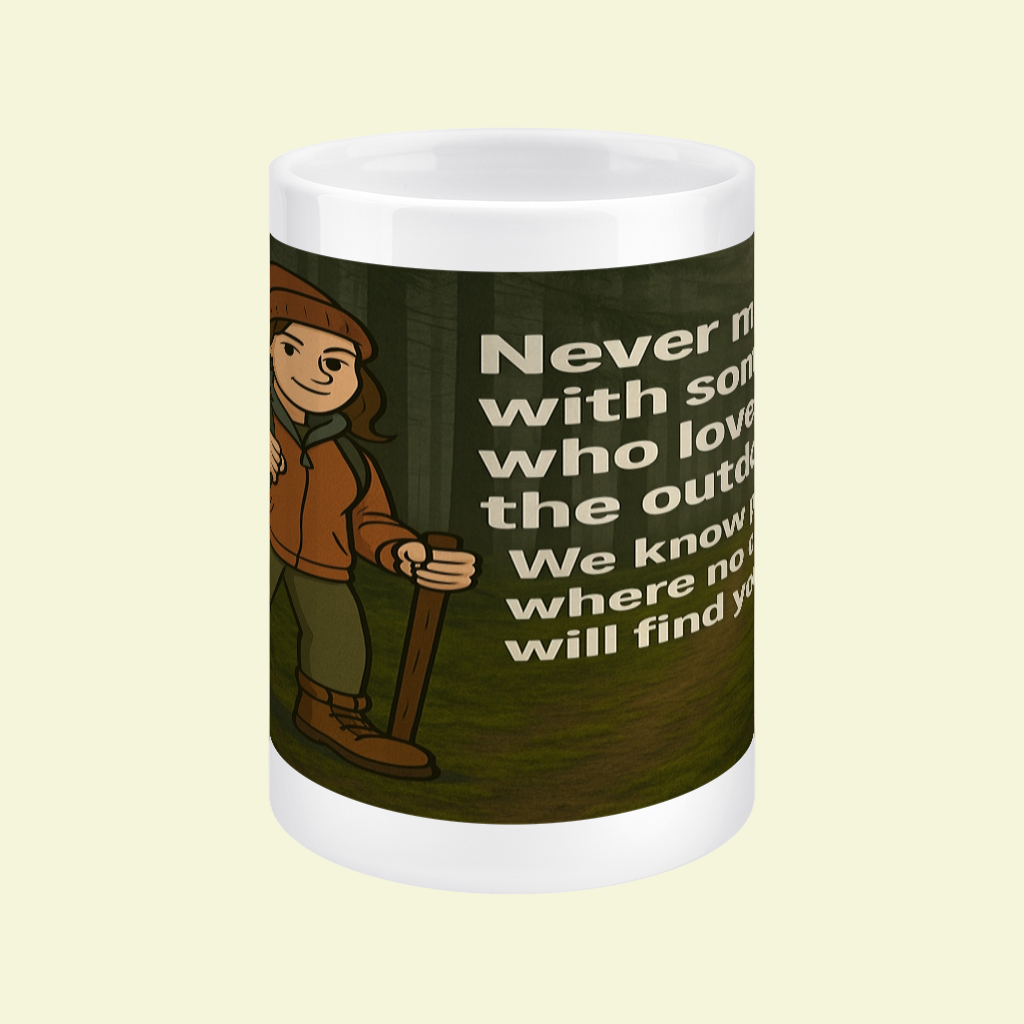 Mug with a graphic of a person in outdoor gear and a quote on a white background