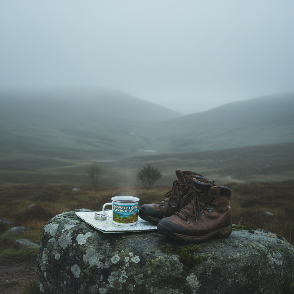 White enamel mug with blue and green Lake District design, placed on a rock beside brown hiking boots and a map in a foggy.