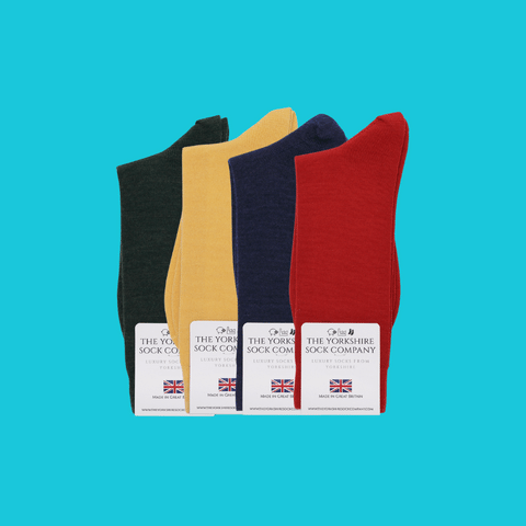 Duchy Merino Socks 4 pair classic British-made gift set in black, yellow, navy, and red colors