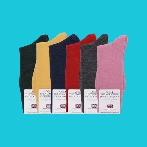 Six pairs of British-made Duchy Merino Socks in mixed colors, knitted from soft, durable merino wool blend