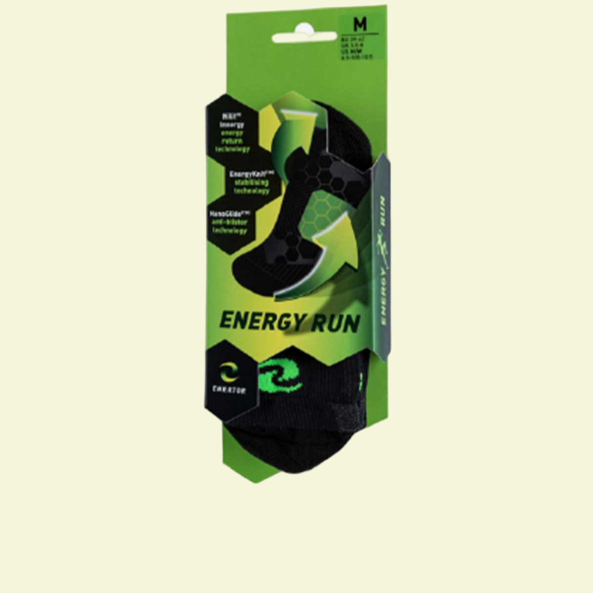 Green packaging of energy run socks on a white background