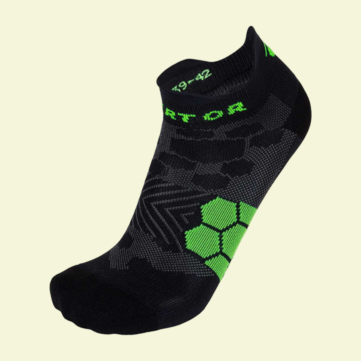 Black sock with green patterns and branding on a white background