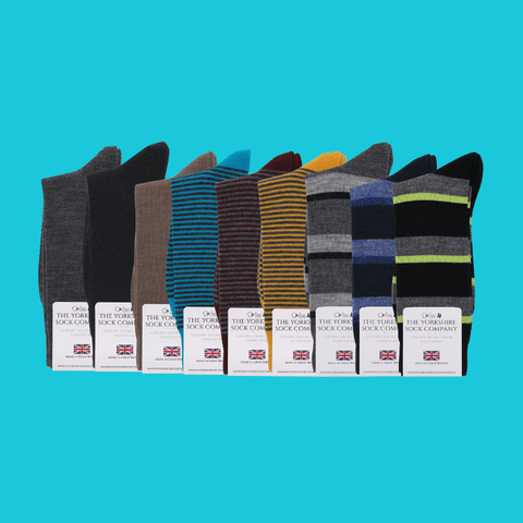 Nine pairs of British-made everyday Merino socks in assorted colors, knitted in Yorkshire for durability and comfort