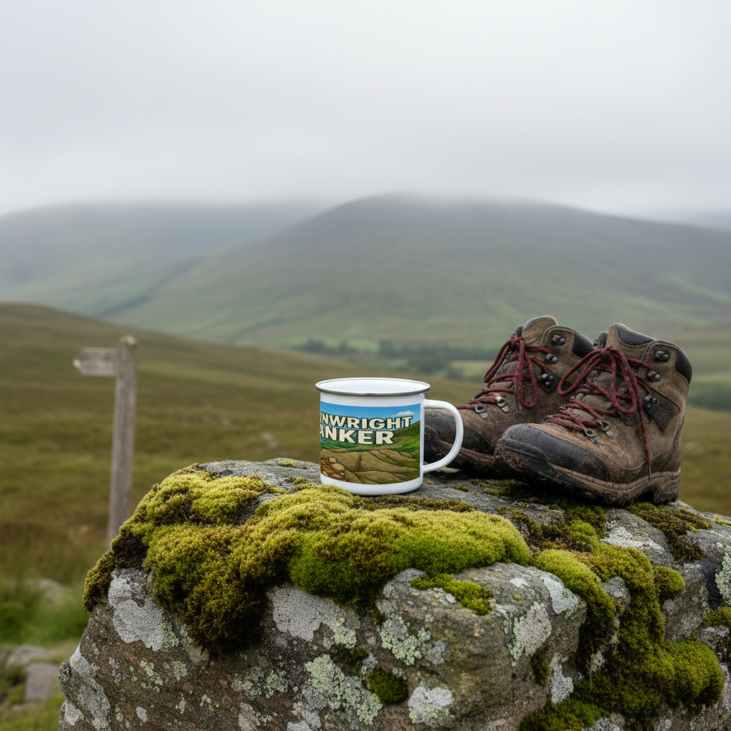 White enamel mug with "Wainwright Wanker" text and mountain graphic on mossy rock beside worn hiking boots.