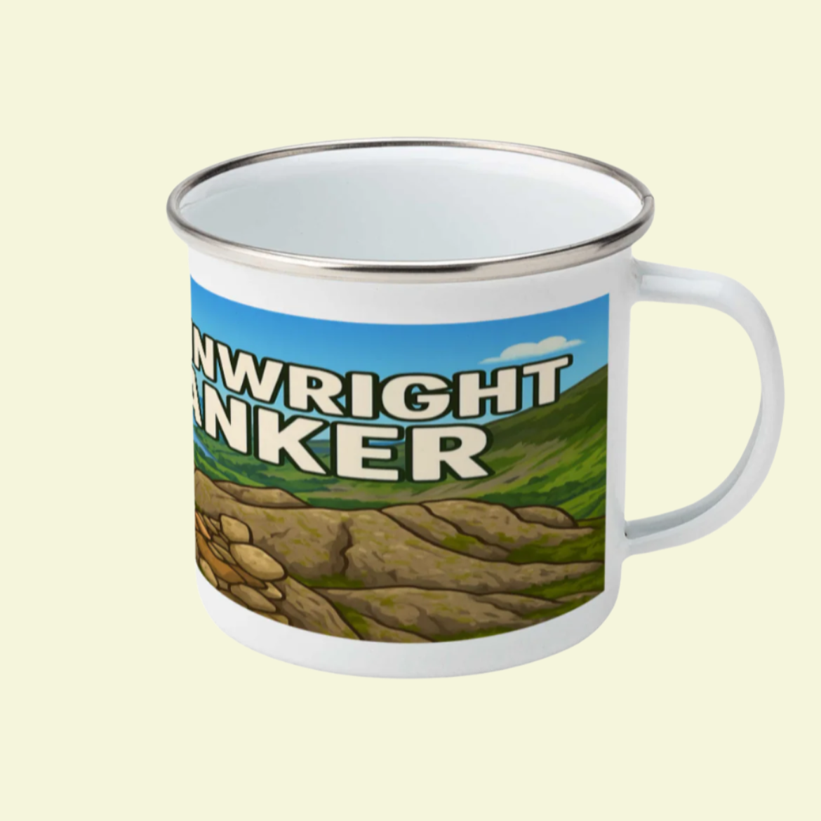 White enamel mug with silver rim featuring colorful Lake District landscape and bold "Wainwright Wanker" text.