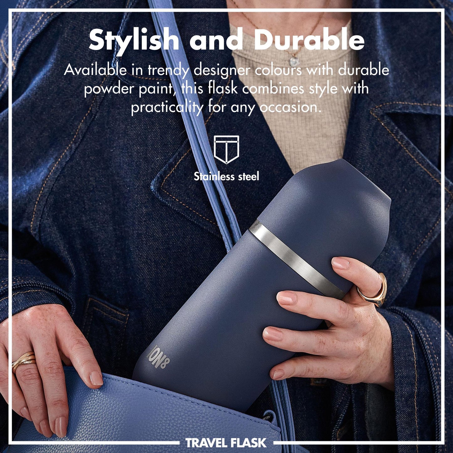 Person holding a blue travel flask with text about its style and durability.
