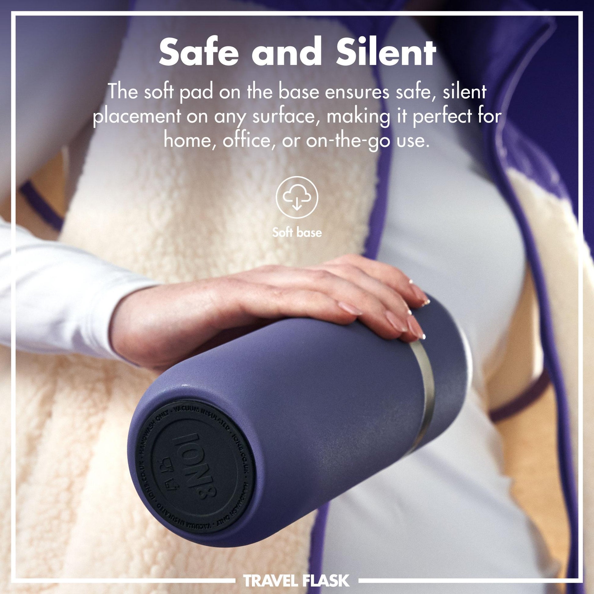 Person holding a purple travel flask with text about its safety and silence features.