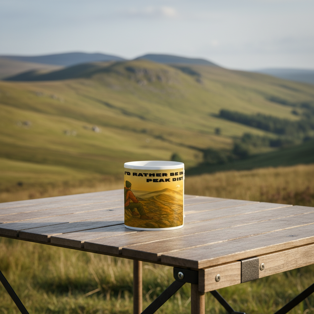 White ceramic mug with hiking design and "I'd Rather Be in the Peak District for Him" text.