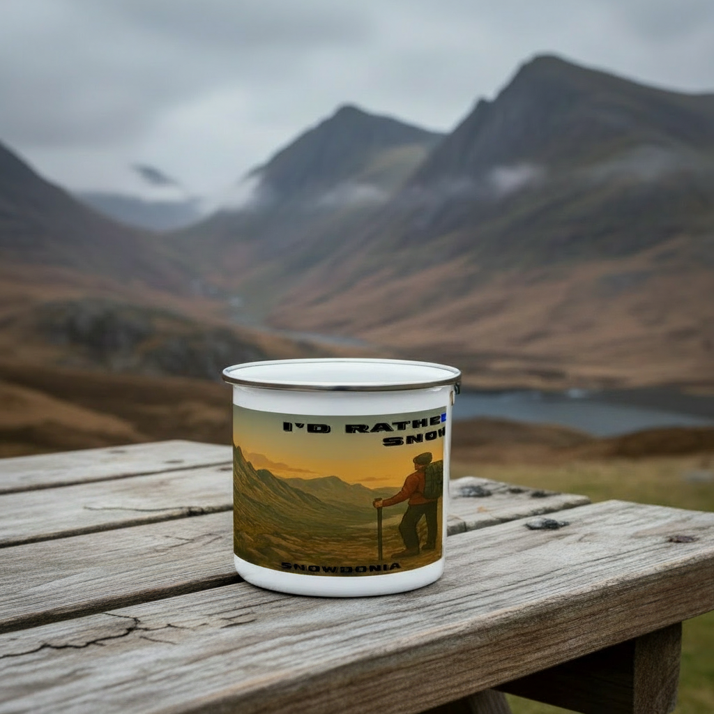 White enamel camping mug with "I'd Rather Be in Snowdonia for Him" text and mountain hiker design.