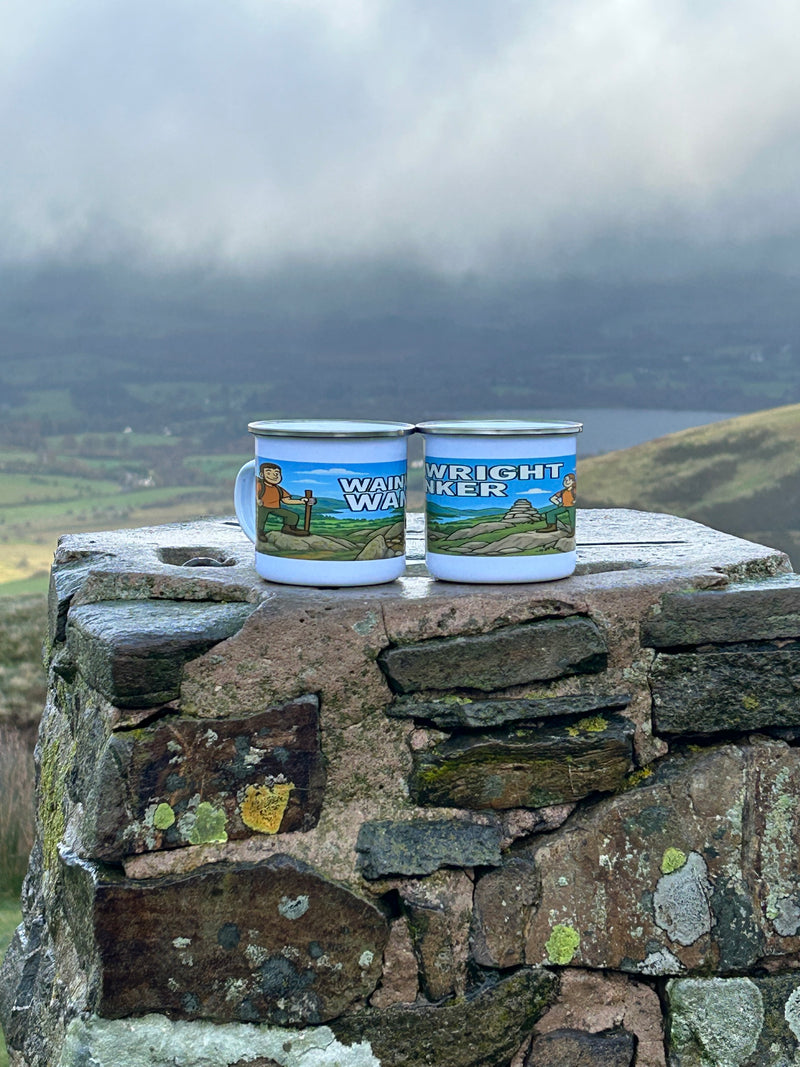 Wainwright Wanker enamel mugs in the Lake District 