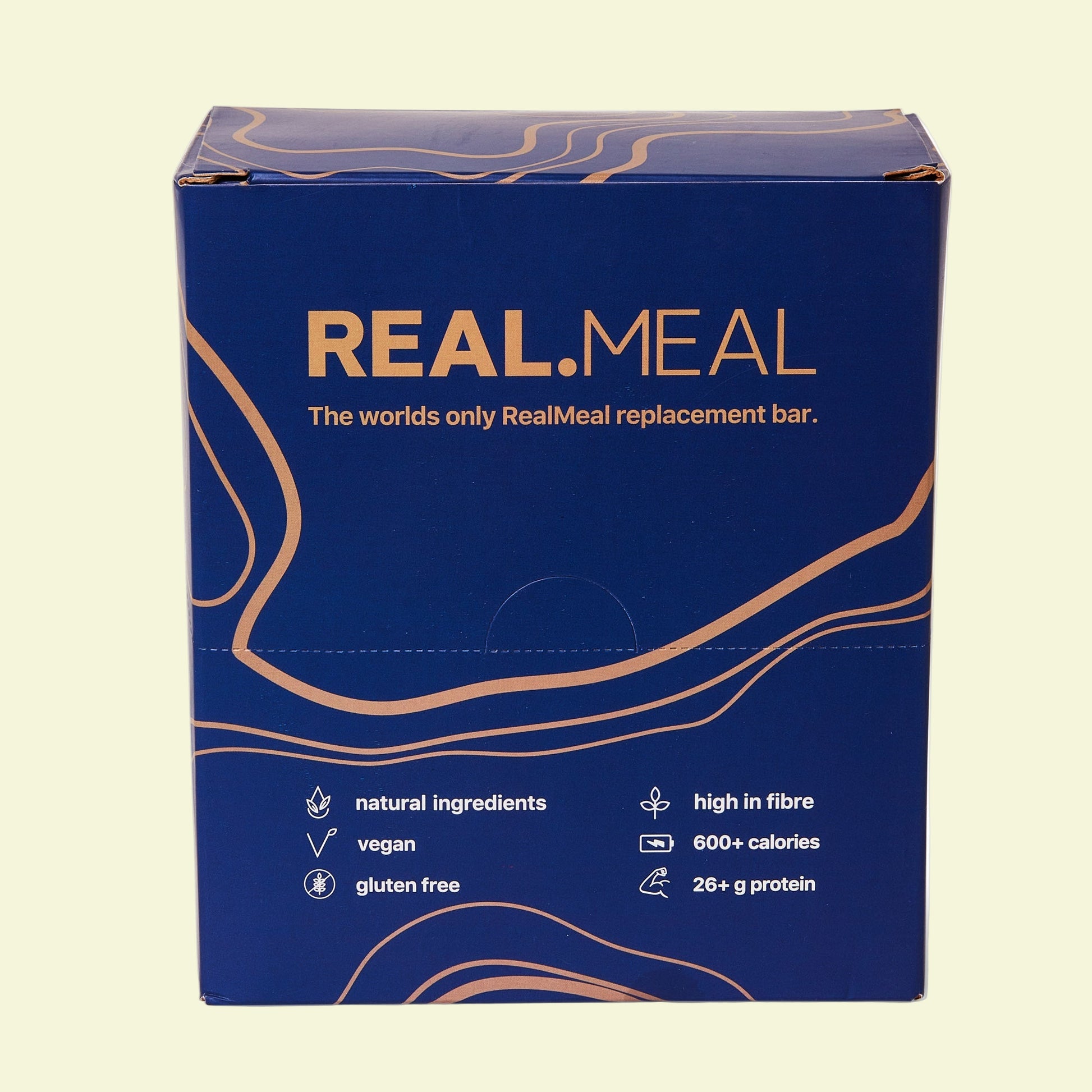 RealMeal replacement bar packaging with blue background and gold text