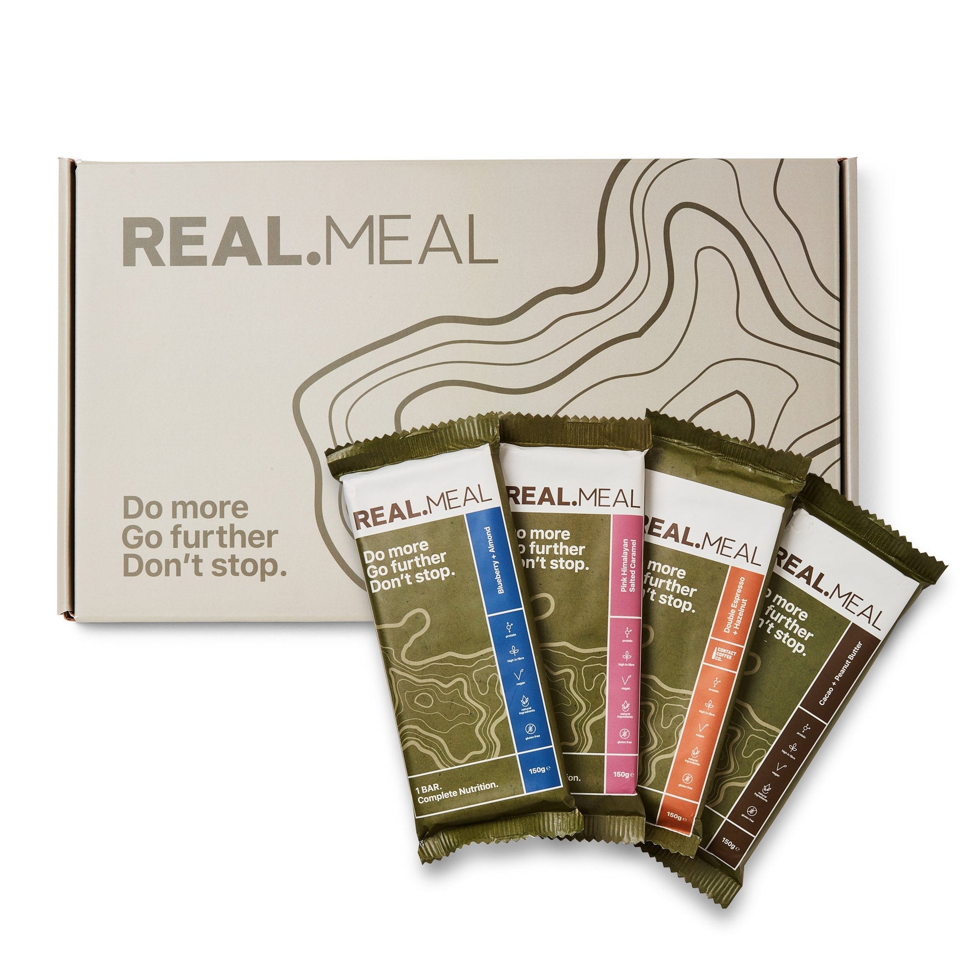 Real.Meal meal replacement bars with packaging on a white background