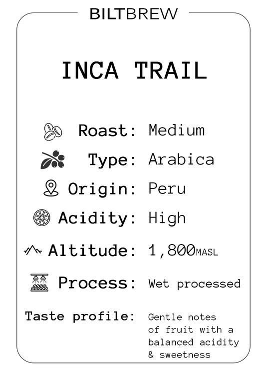 Biltbrew Inca Trail coffee label with roast, type, origin, acidity, altitude, process, and taste profile information.