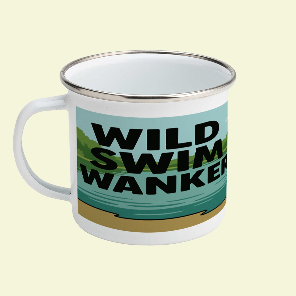 Mug with 'Wild Swim Wanker' text on a blue background
