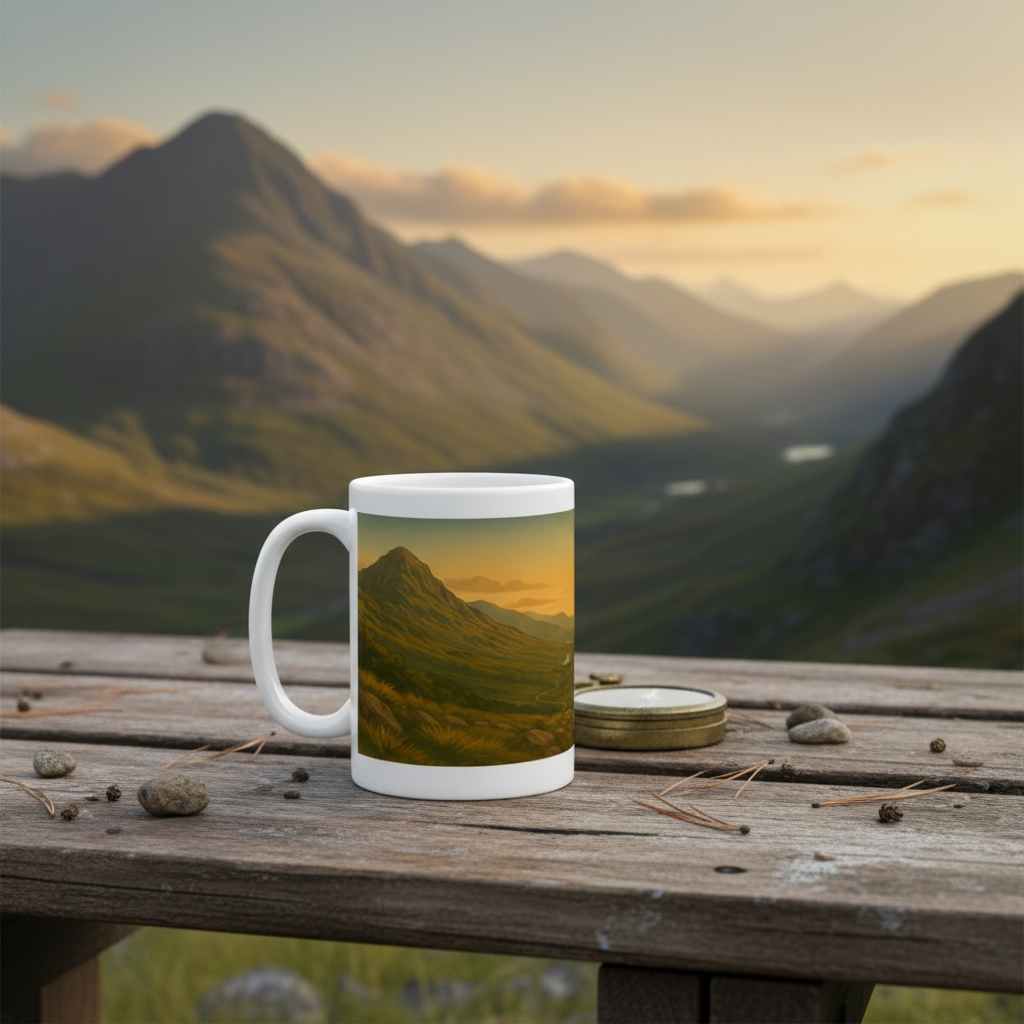 White ceramic mug with mountain landscape and sunrise print on wooden table outdoors.